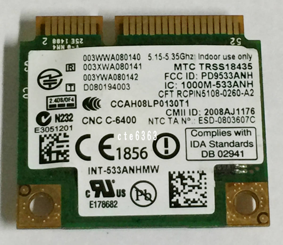 【中古パーツ】インテル 5300 ワイヤレスカード Mini PCI - E 802.11 a/b/g/N 300M WLAN 2.4/5.0 GHz■【無線LANカード】533AN_HMW_画像2