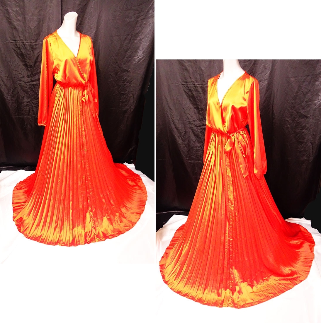 光沢 サテン ナイロン つるつる カラー プリーツ ドレス 大きいサイズ オレンジ_画像7