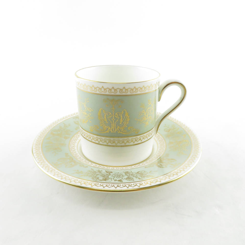 美品 WEDGWOOD ウェッジウッド ゴールド コロンビア セージグリーン デミタスカップ＆ソーサー 金彩 緑 黒壺印 希少 レア SU5710U