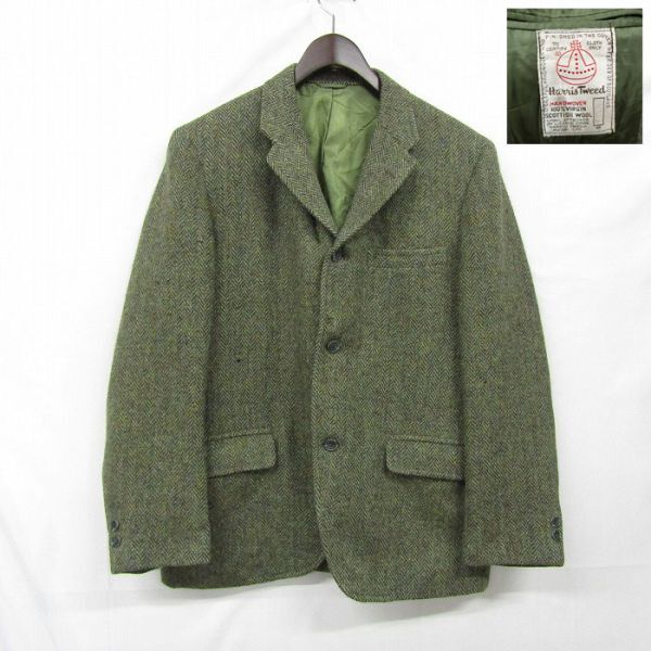 60s USA製 サイズ不明 Harris tweed ウール テーラード ジャケット ブレザー グリーン ハリス ツイード 古着 ビンテージ 3MA2508_画像1