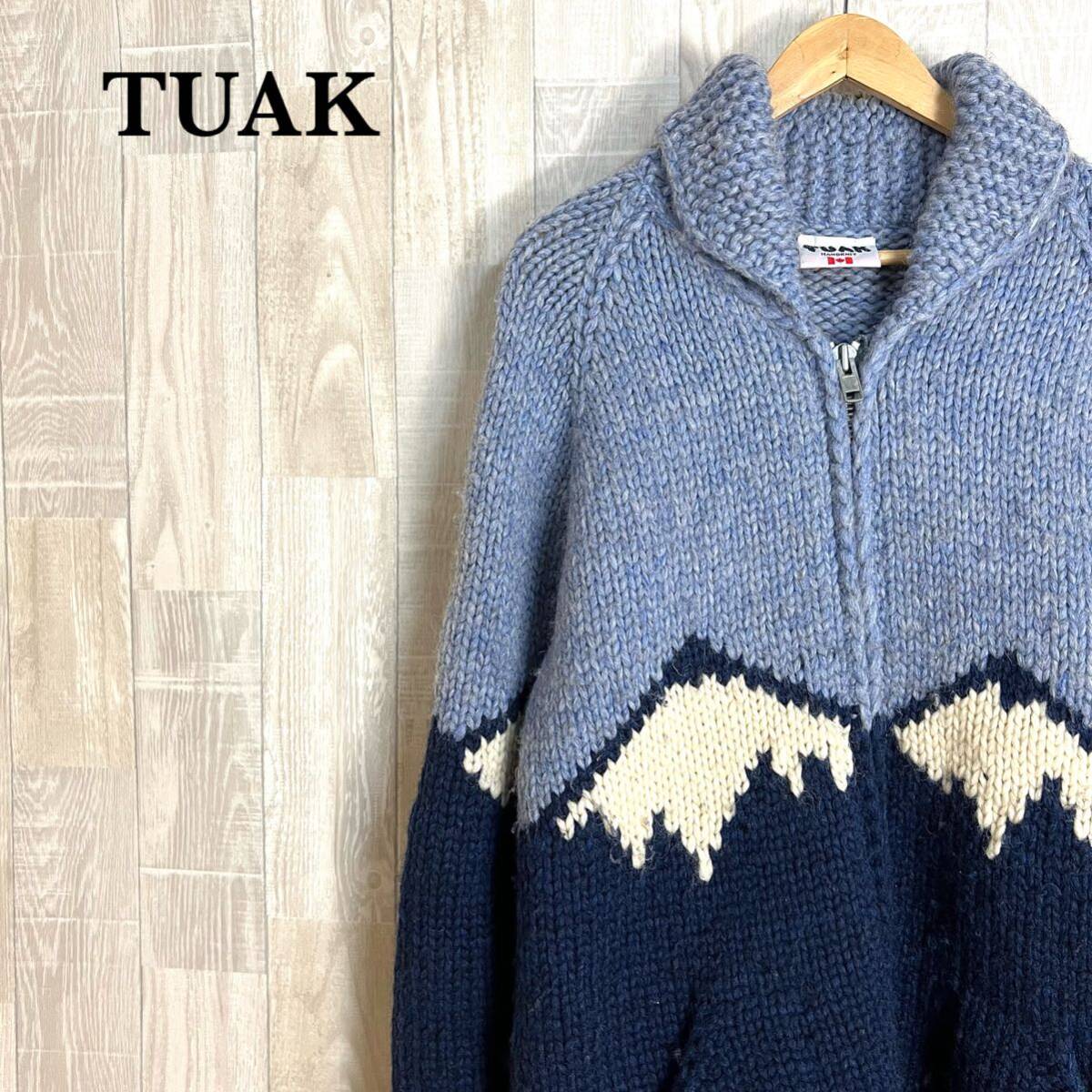 M3615 TUAK トゥアック カウチンニット HANDKIT カナダ製 ウール100％ PURE VIRGIN WOOL フルジップ 水色 白 ネイビー 上着の画像1