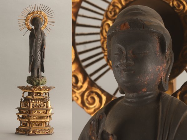 【琴》送料無料 仏教美術 木彫仏像 高73.5cm 箱付 WJ112