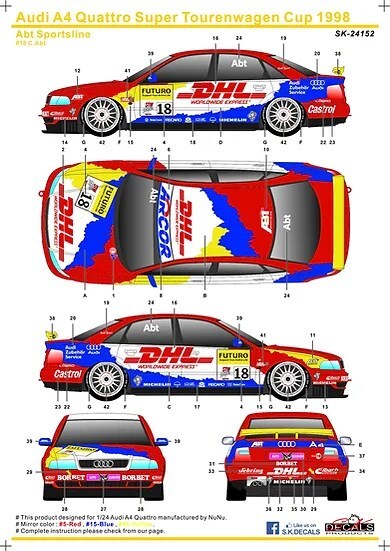 SKデカール SK24152 1/24 アウディ A4 クアトロ スーパーツーリングワゴンカップ 1998 Abt Sportsline_画像4