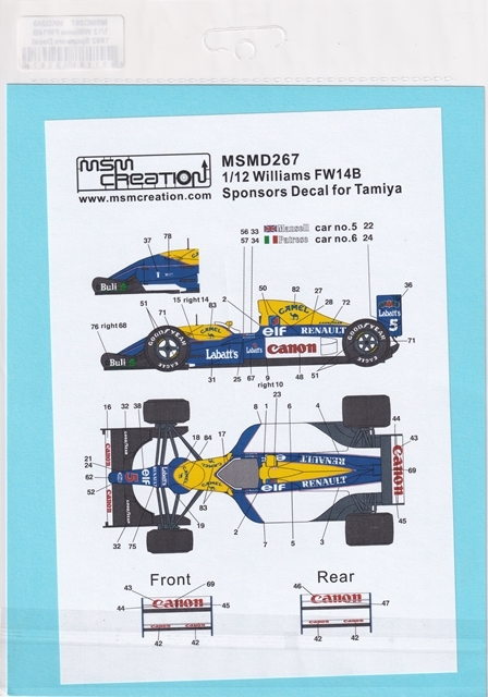 MSMクリエイション MSMD267 1/12 ウイリアムズ FW14B 1992 スポンサーデカール（タミヤ用）_画像2