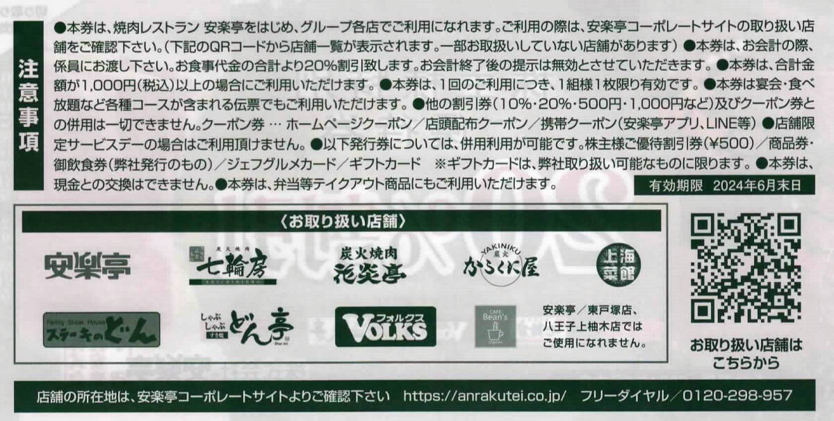 ◎安楽亭優待20%割引券3枚セット◎_割引券裏注意事項