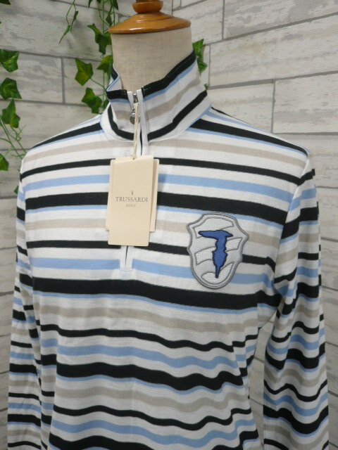 新古品 ゴルフ◆TRUSSARDI GOLF ハーフジップ 長袖 カットソー レディース 42 L ボーダー ロゴワッペン 綿100 春物 トラサルディ〇3-36y_画像2