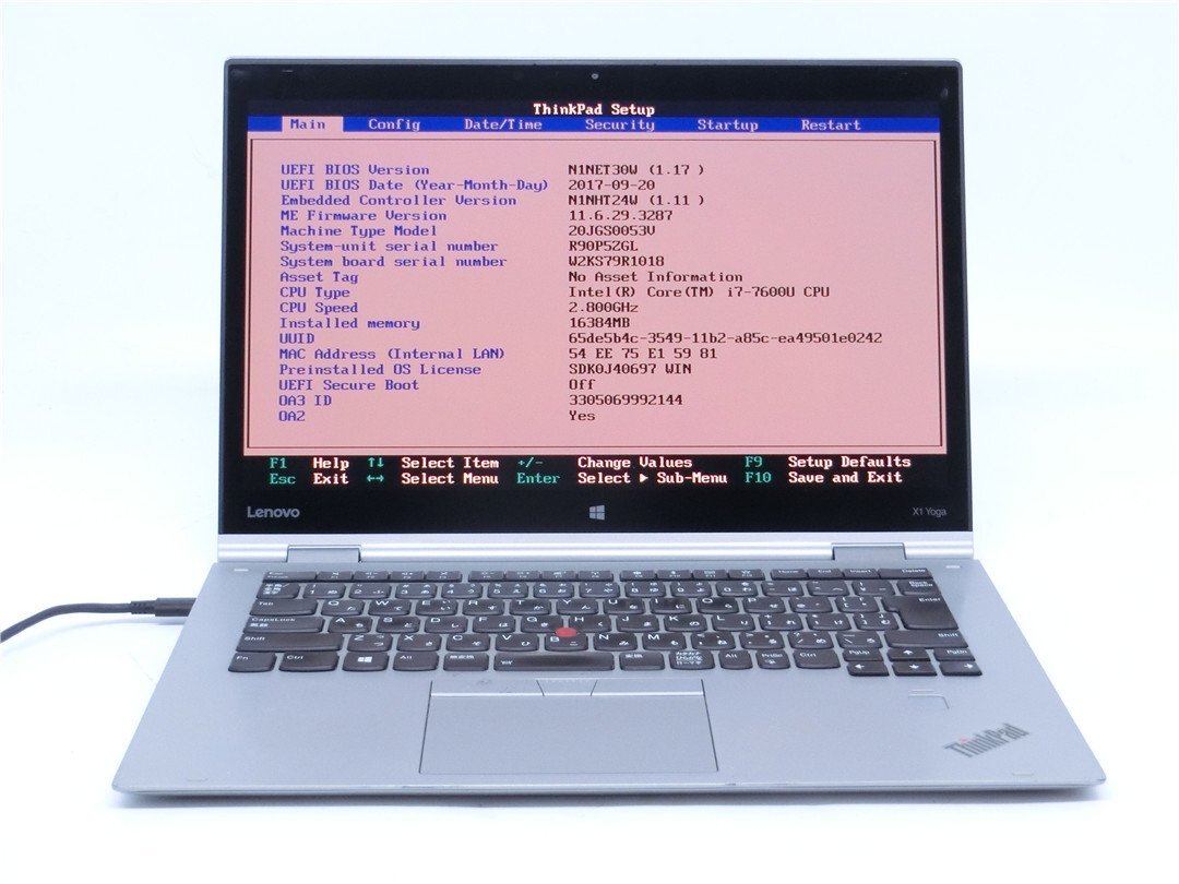 中古Lenovo X1 Yoga　2nd 第7世代COREI7 7600U　メモリ16GB　14型　　 BIOSまで表示 表示不良　ノートパソコン　詳細不明　ジャンク扱い_画像1