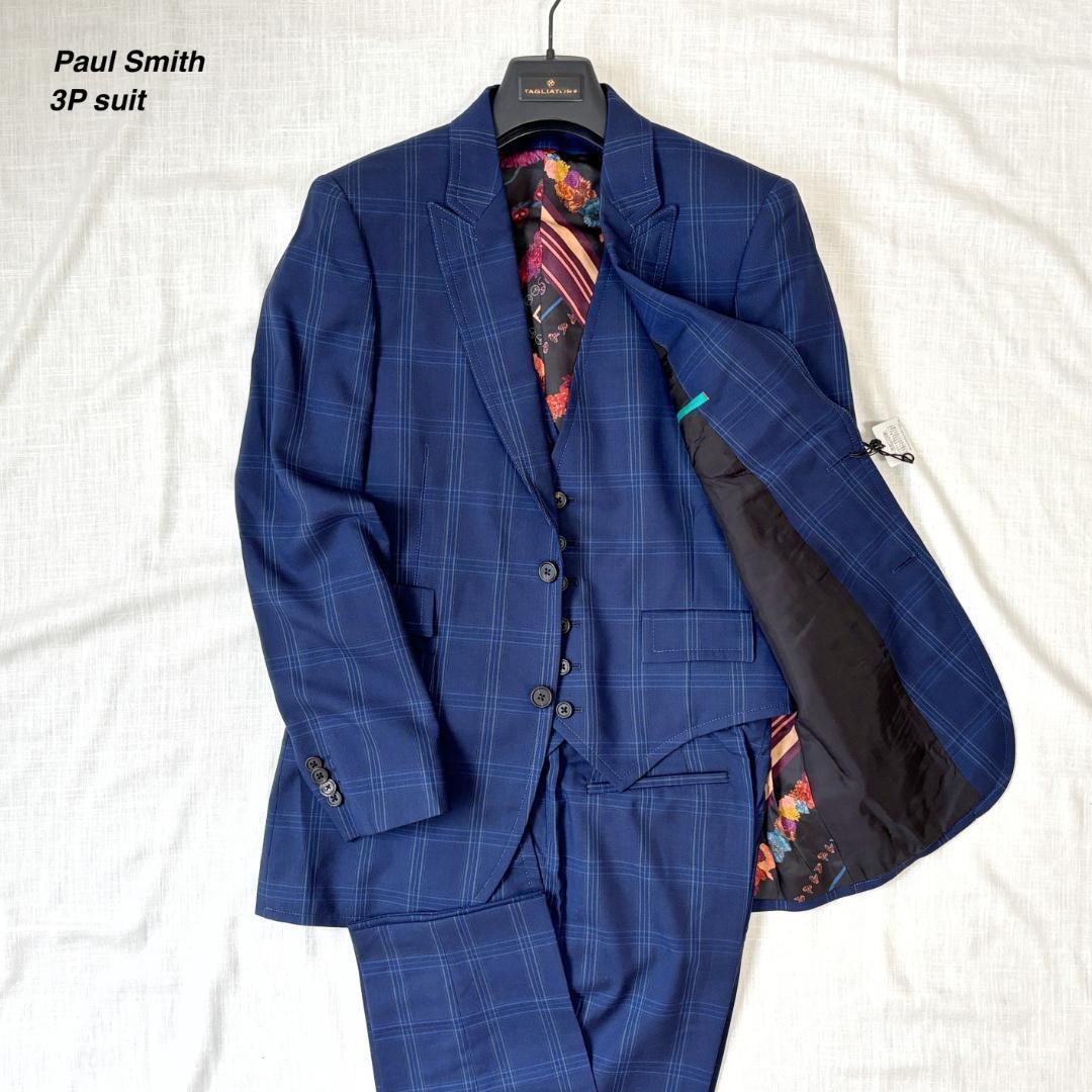 ＜未使用!!＞■Paul Smith ポールスミス スリーピース ウィンドウペン ウール スーツ セットアップ 通年 お洒落 上品 ネイビー 紺 M