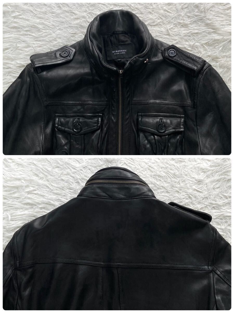 【希少 良品 L】 Burberry Black Label M-65 ラムレザー ジャケット ミリタリー 羊革 エポレット バーバリー ブラックレーベル メンズ 黒の画像4