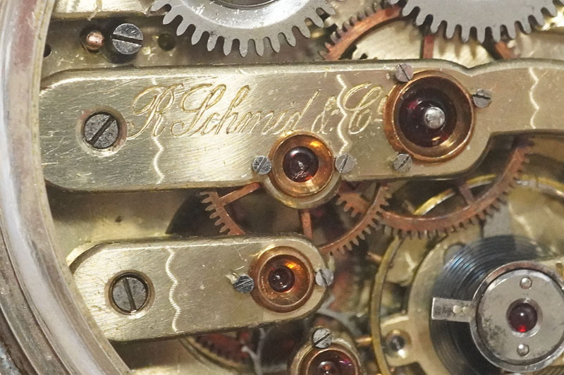 1円~【323】R.Schmid&Co.／アールシュミット 懐中時計 ハンターケース 16石ルビー 0.800刻印 銀無垢 手巻き 琺瑯文字盤 アンティークの画像7