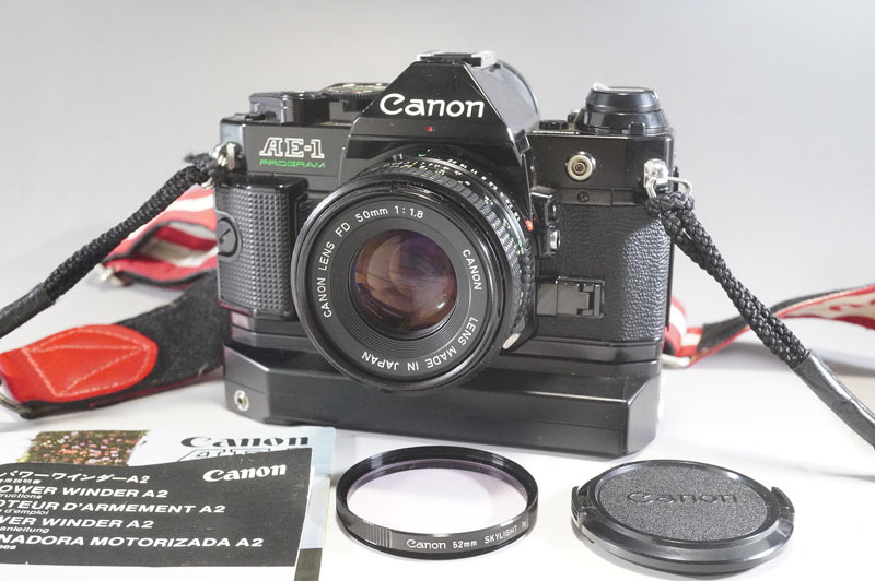 1円~【595】CANON／キャノン AE-1 PROGRAM ／LENDS CANON LENS FD 50mm 1:1.8 ■POWER WINDER A2／パワーワインダーA2の画像1