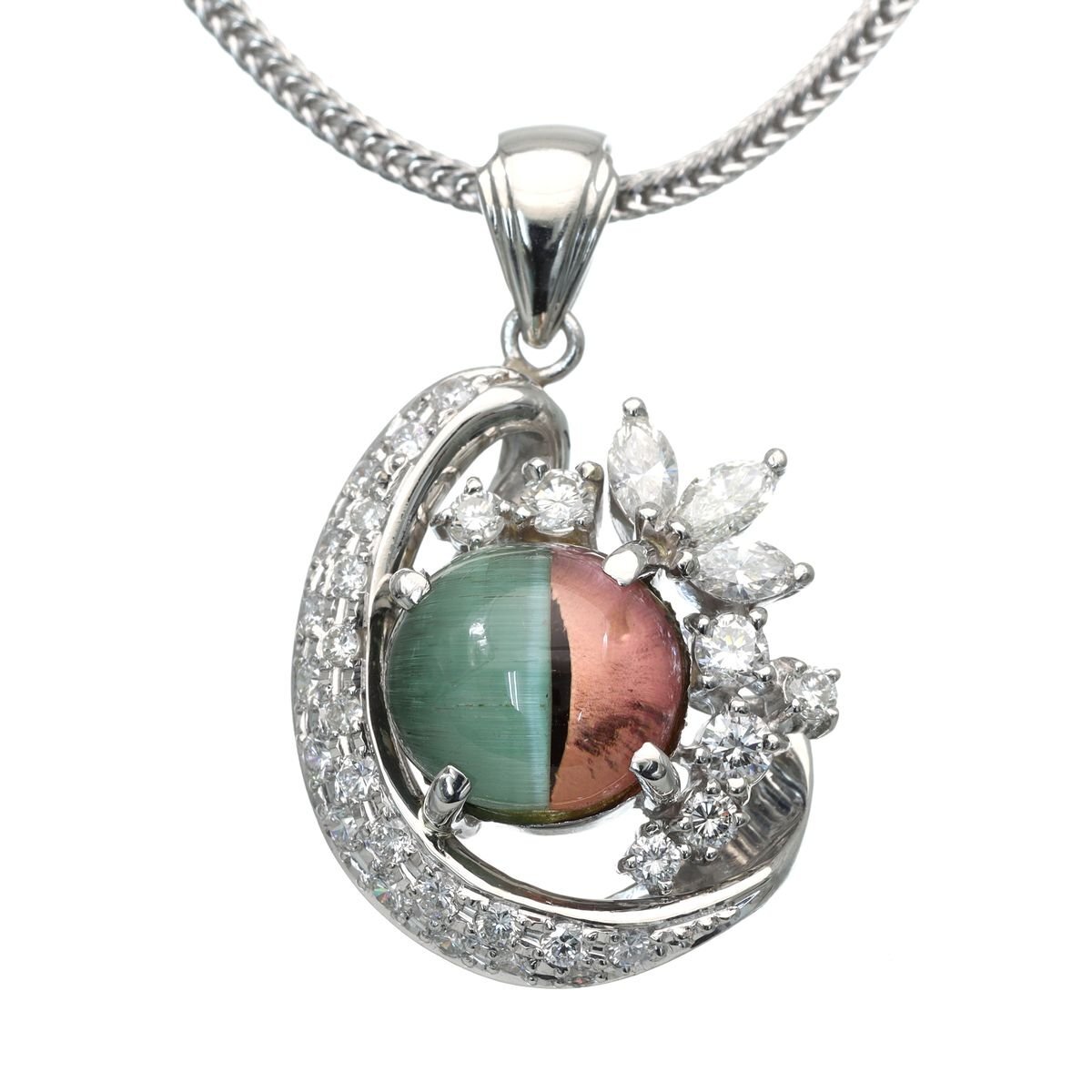 お手頃価格 レア! ★02B35 ソーティング付 D0.78ct 3.68ct 13.3g ペンダントネックレス ダイヤモンド バイカラートルマリンキャッツアイ Pt900/850 トルマリン