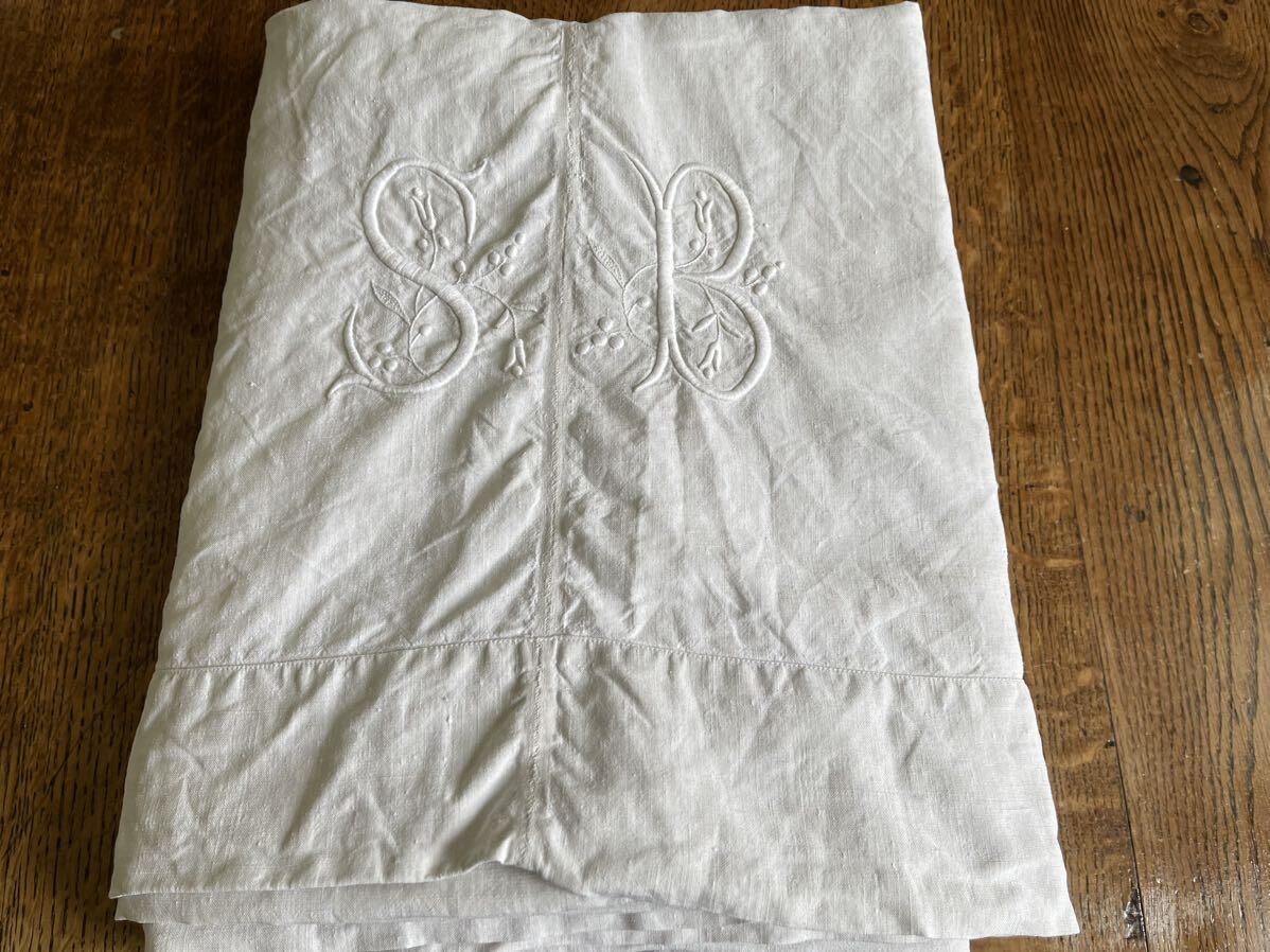  France antique hand weave linen sheet flower character initial [SB] center si-m