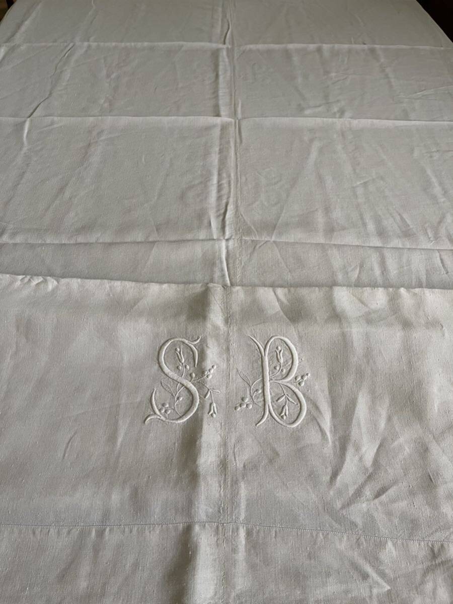  France antique hand weave linen sheet flower character initial [SB] center si-m