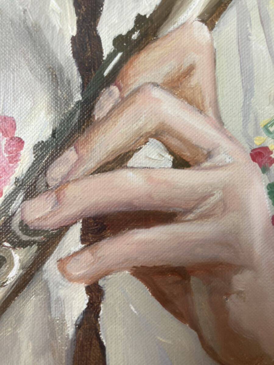 【真作】奥龍之介 (1923-1986) 「フルートの少女」 油彩4号 女性像 少女名画_画像4