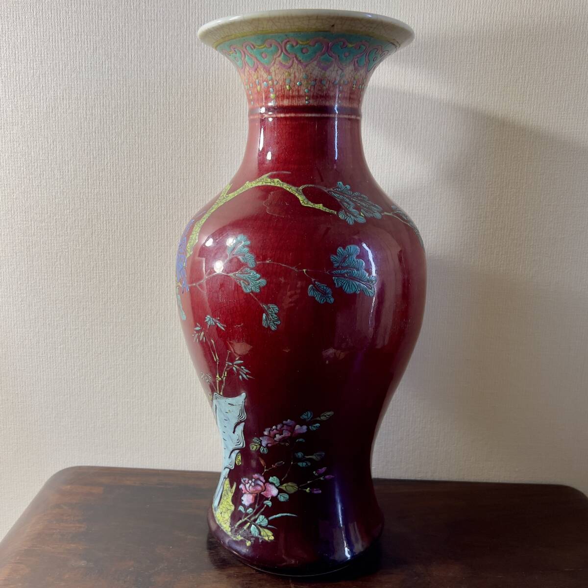 中国美術 時代 辰砂 色絵 花瓶 高さ41cm/ 清朝 唐物 花入 花生 花器 煎茶道具 茶道具 粉彩 古美術 骨董 古陶磁器 古染付 古玩 堆朱_画像2