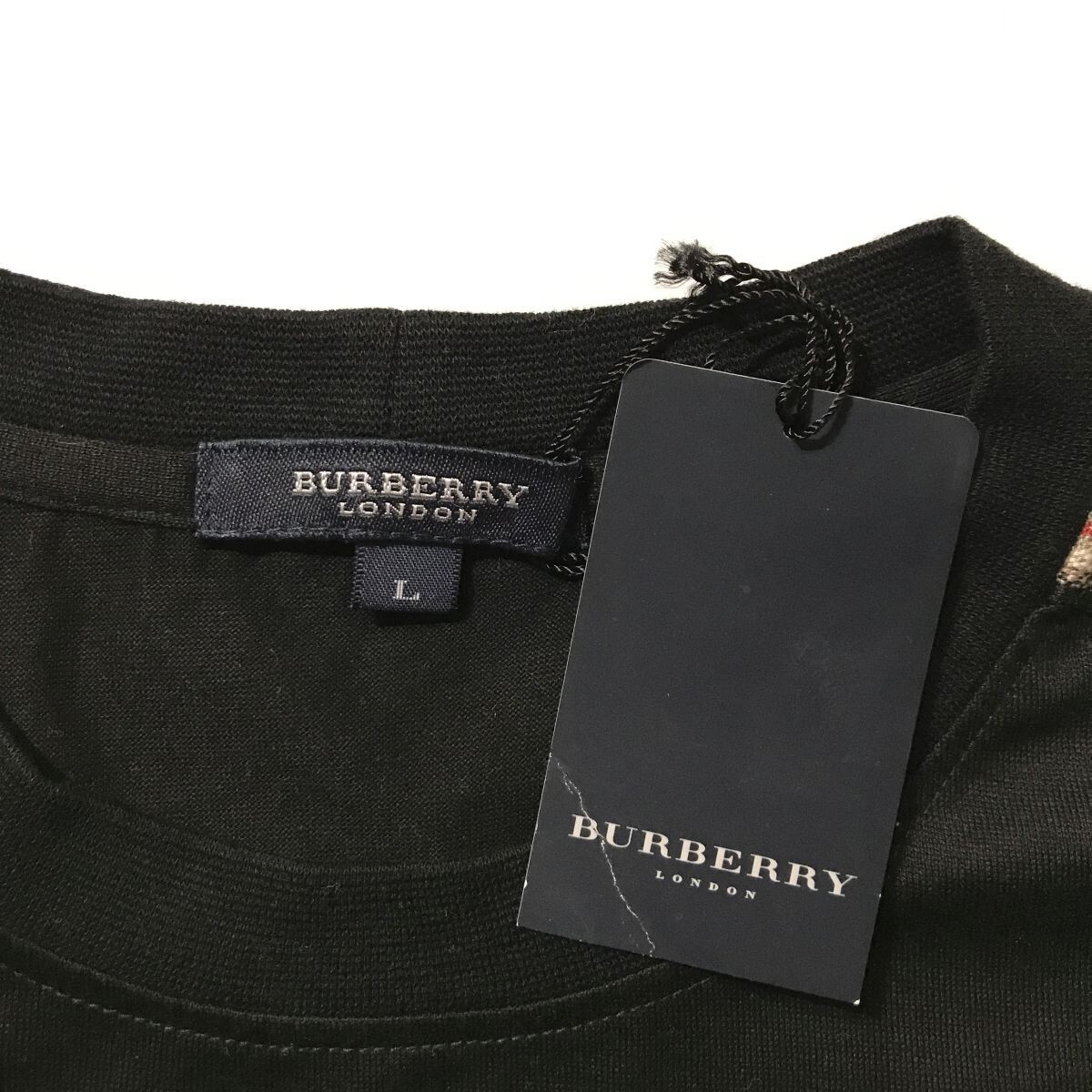  tag attaching unused goods Burberry BURBERRY LONDON short sleeves shoulder line hose Logo embroidery one Point T-shirt L black men's cut and sewn 