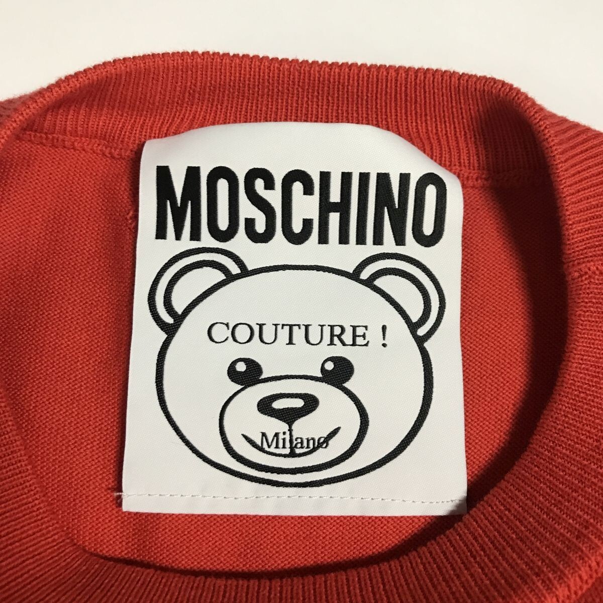 クマ ロゴ 刺繍デザイン モスキーノ MOSCHINO コットンニット フレア ミディ 半袖 ワンピース 14号 オレンジ ロング セーター Aラインの画像6