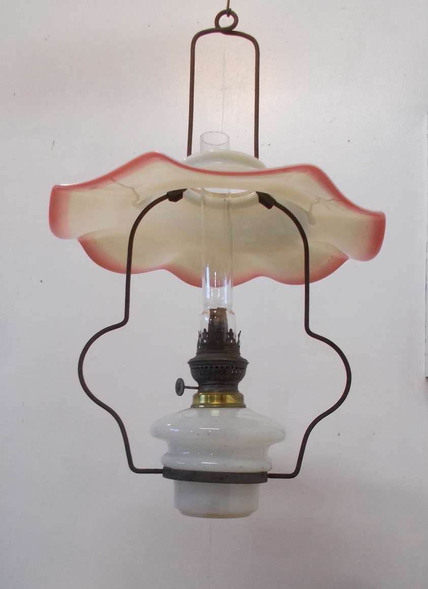 * old glass. hanging lamp * red . wave type .* white oil .* bamboo fire shop * antique *