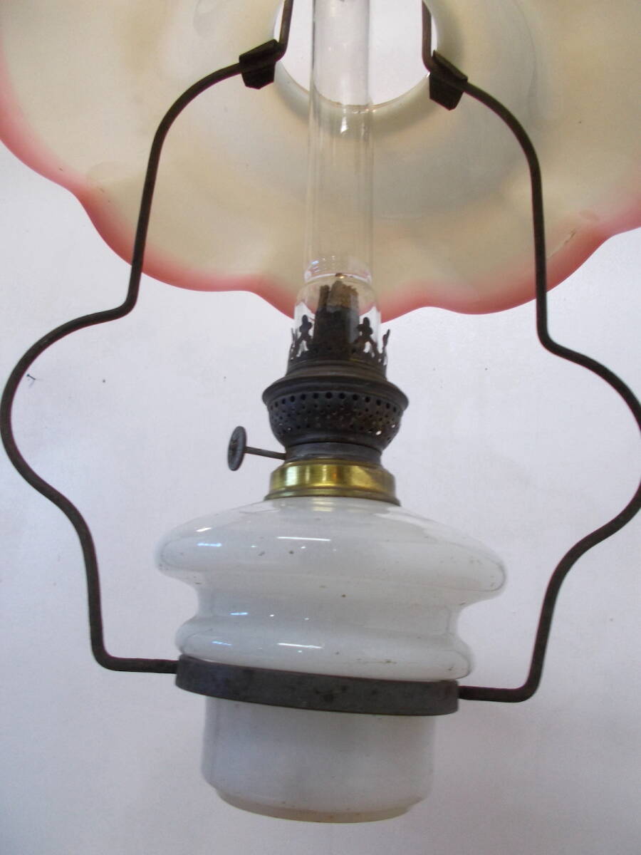 * old glass. hanging lamp * red . wave type .* white oil .* bamboo fire shop * antique *