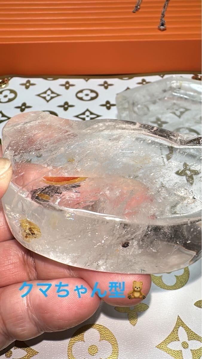 天然本水晶 【貴重なライモナイト】 透明度高 極厚！ クマちゃん型 浄化プレート オブジェ 置き物