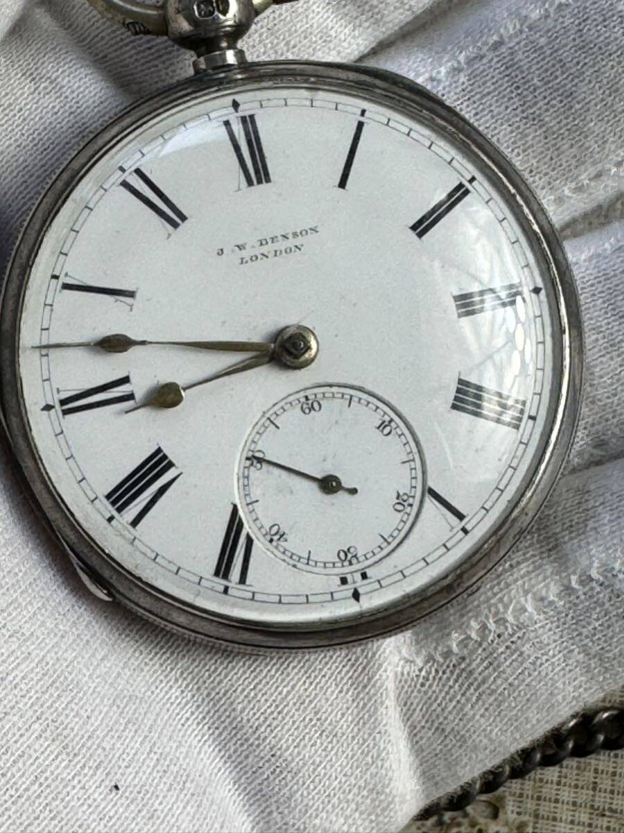 懐中時計 アンティーク J W Benson London 懐中提げ時計 銀製 鍵付き 現状稼働品 精度不明 中古品 シルバー 手巻き の画像9