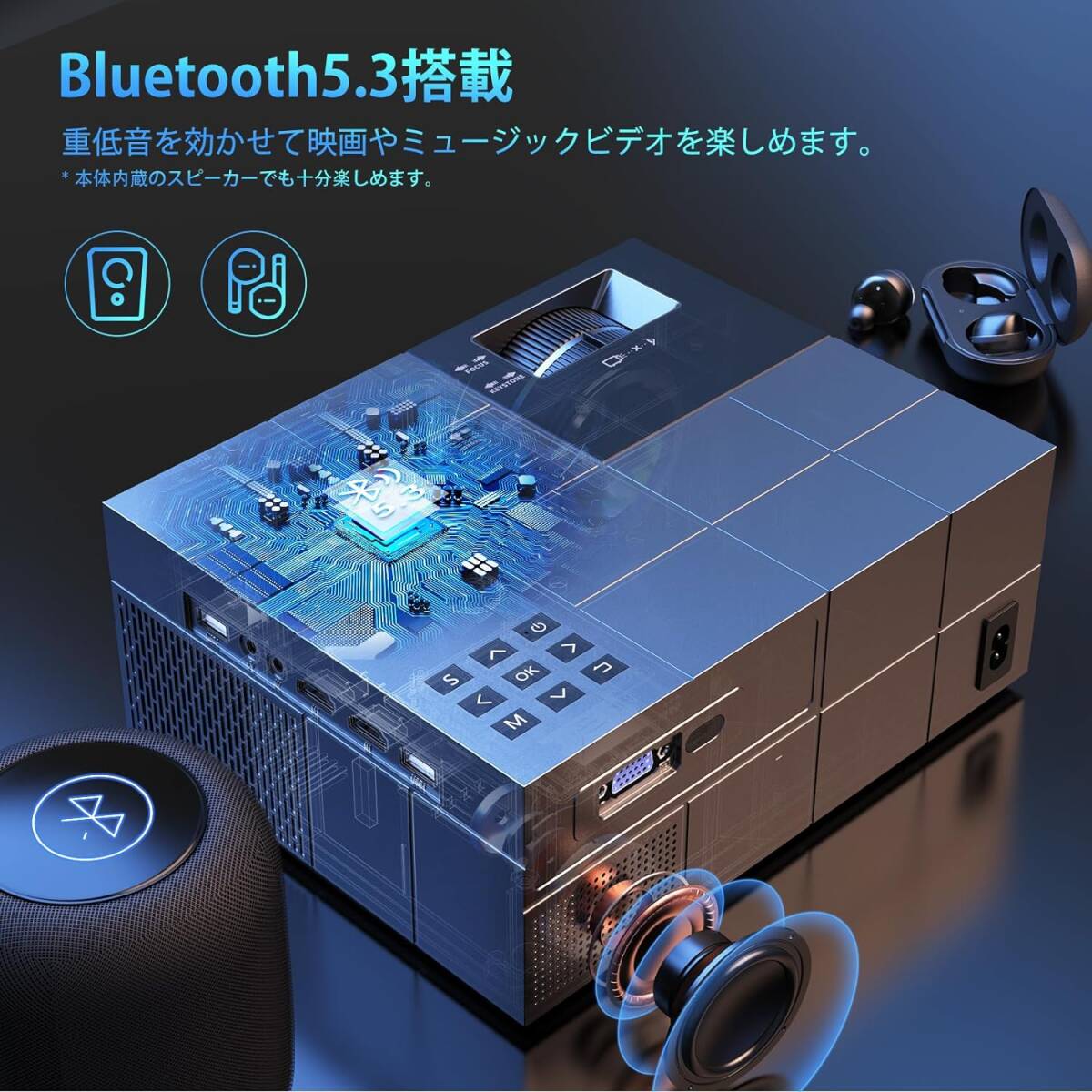 家庭/ビジネス両用 100"スクリーン付 プロジェクター 小型 5GWiFi 4K対 Bluetooth5.3 台形補正 50%ズーム機能 天井吊 300"大画面