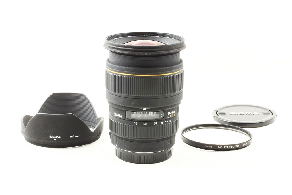 外観美品◆SIGMAシグマ AF 24-70mm F2.8 EX DG Macro Canonキヤノン◆ズームレンズ/A4340_専用フード付きの大人気レンズ！