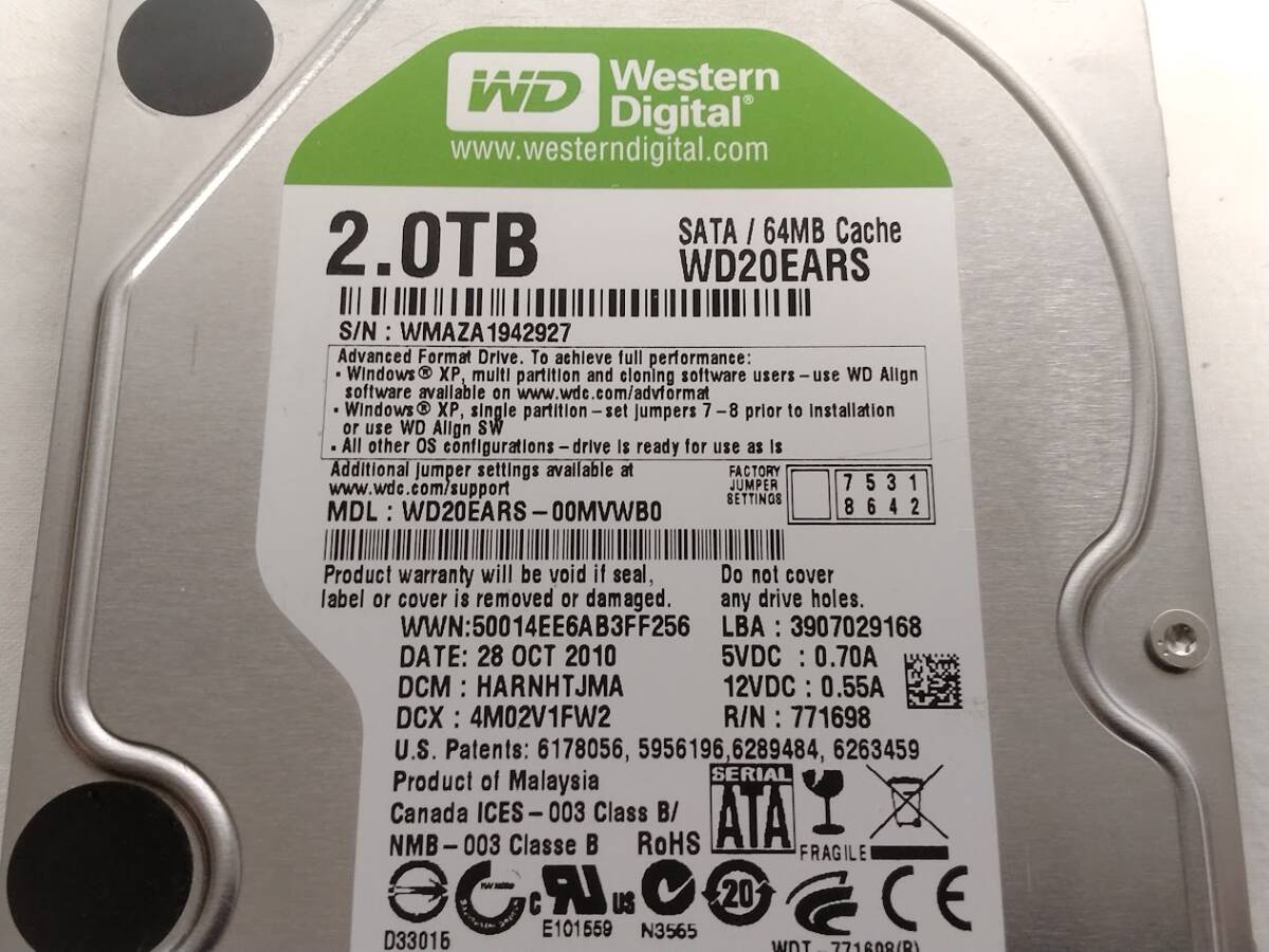 【送料無料】 2TB HDD WD WESTERN DIGITAL WD20EARS 3.5インチ デスクトップパソコン用 動作確認済み ③_画像2