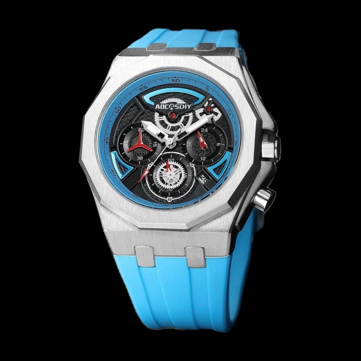 新品 AOCASDIY オマージュクロノグラフ ウォッチ ラバーストラップ メンズ腕時計 ライトブルー
