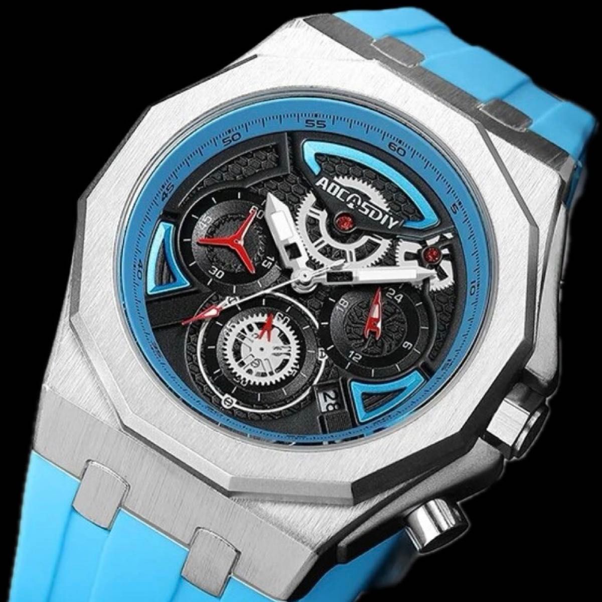 新品 AOCASDIY オマージュクロノグラフ ウォッチ ラバーストラップ メンズ腕時計 ライトブルー