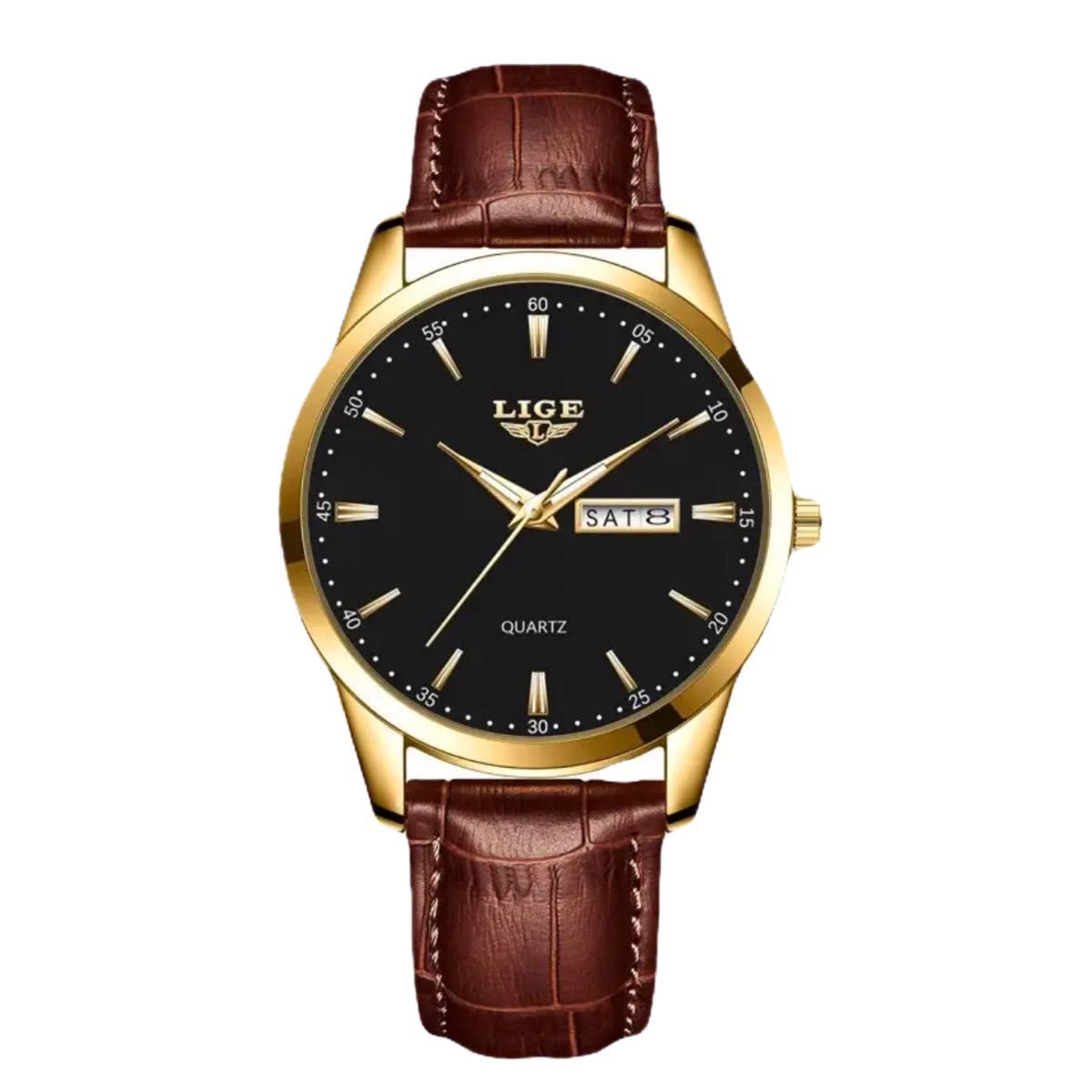 新品 LIGE オマージュウォッチ レザーストラップ メンズ腕時計 ブラック&ゴールド＆ブラウン デイデイト 8970