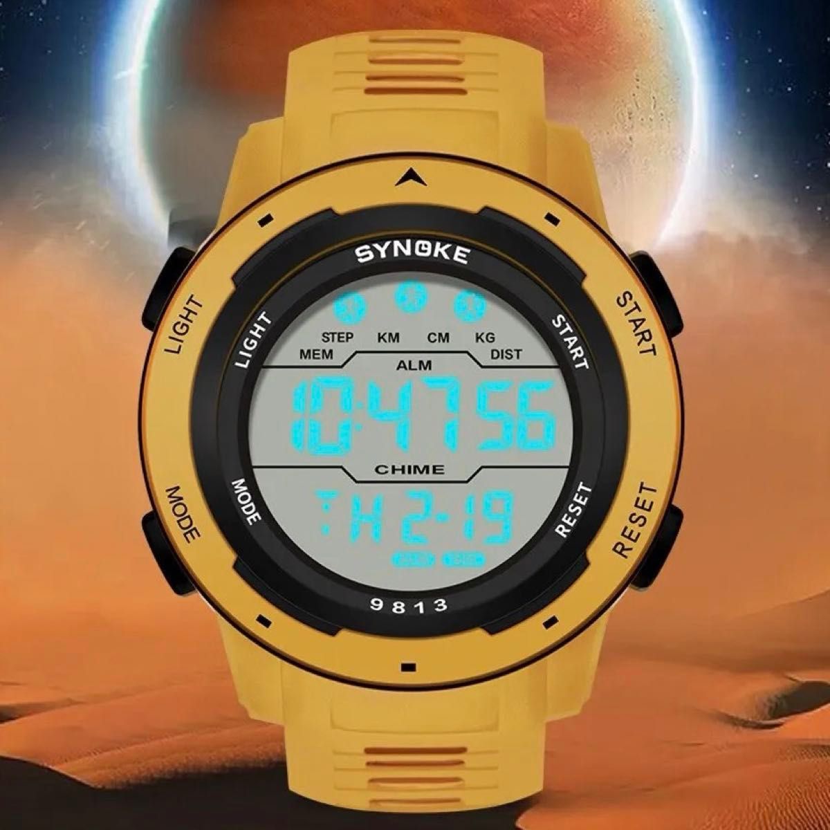 新品 SYNOKE デジタルウォッチ ラウンドフェイス メンズ腕時計 イエロー