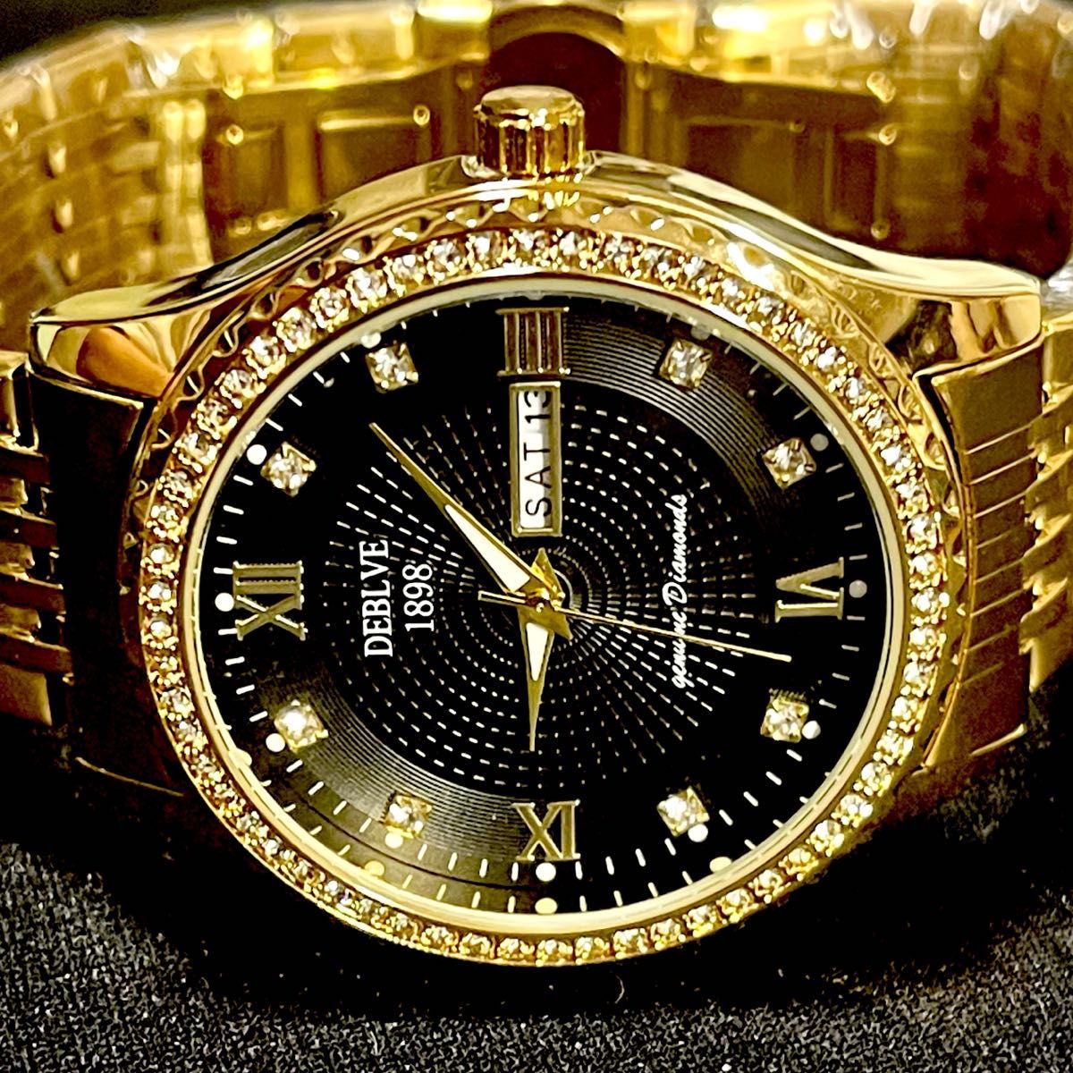 新品 DEBLVE オマージュウォッチ 男性 防水 クォーツ 男性時計 自動日付 メンズ腕時計 ゴールド&ブラック