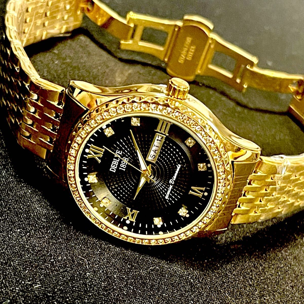新品 DEBLVE オマージュウォッチ 男性 防水 クォーツ 男性時計 自動日付 メンズ腕時計 ゴールド&ブラック