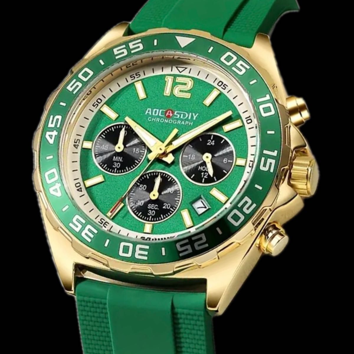 新品 AOCASDIY オマージュクロノグラフ ウォッチ ラバーストラップ メンズ腕時計  グリーン&ゴールド