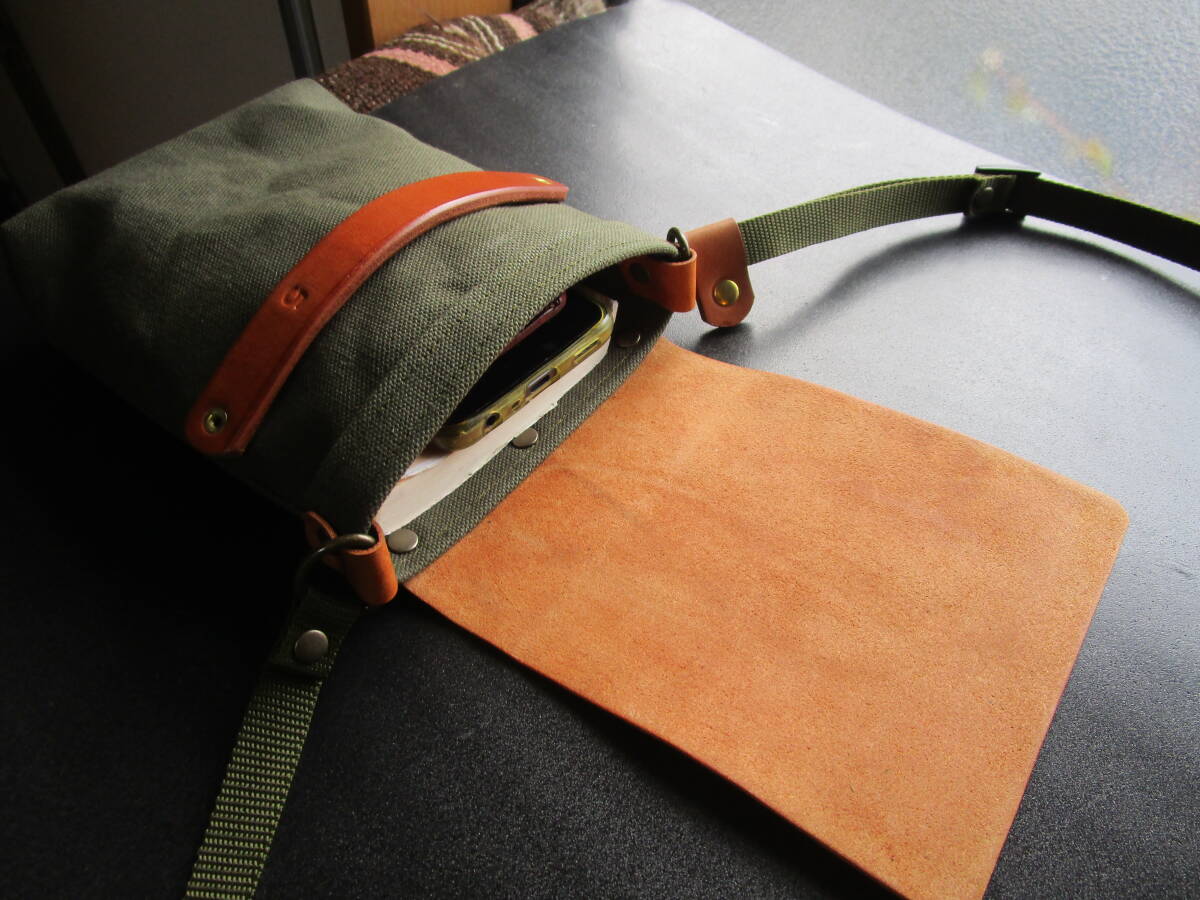  sweets color aging fine quality Italy cow leather flap sakoshu!. discount thick olive .. Kurashiki canvas! shoulder bag! leather! hand made 