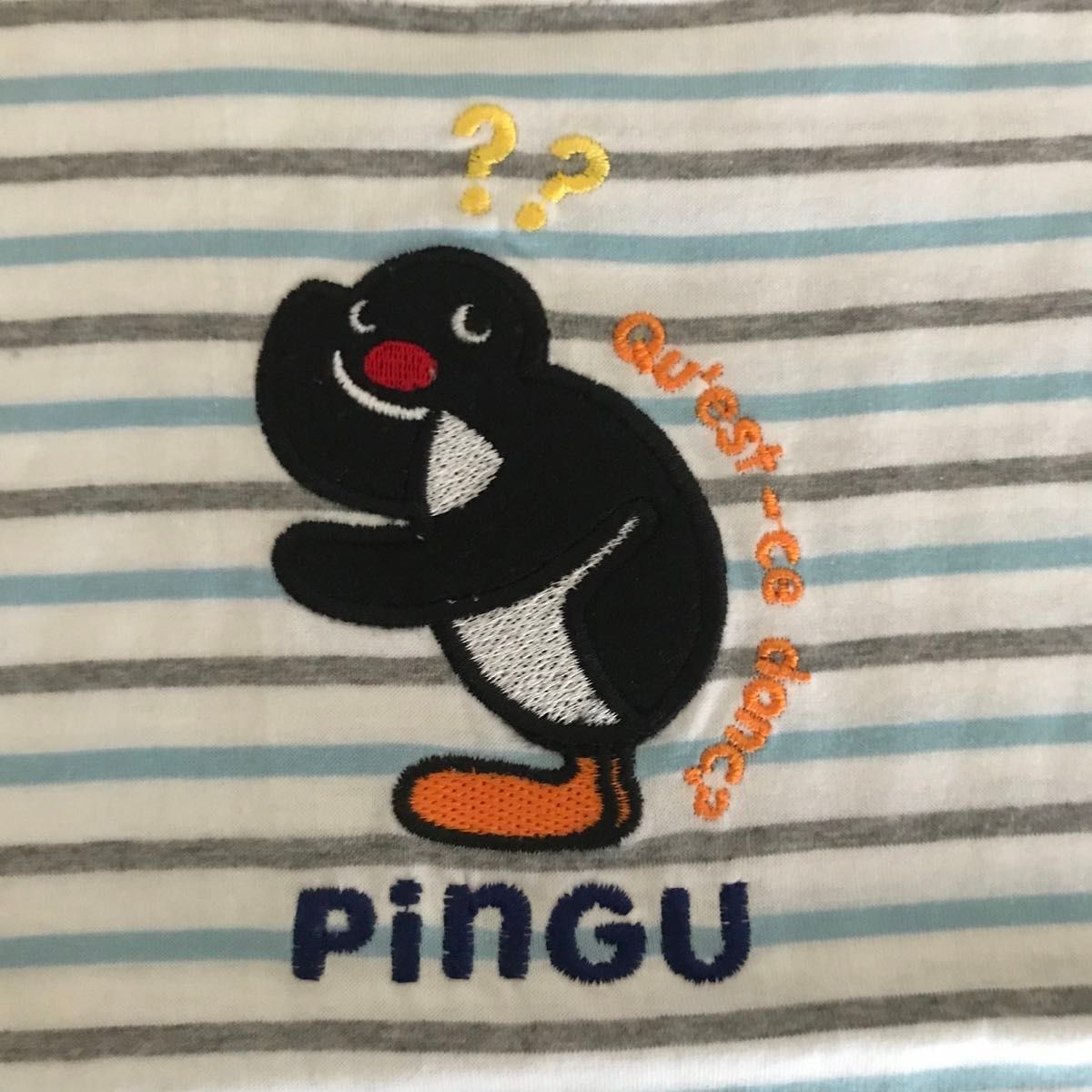 PINGU ピングー　ロンパース　カバーオール　サイズ70　ベビー服　グレー系ストライプ柄　白×グレー×水色