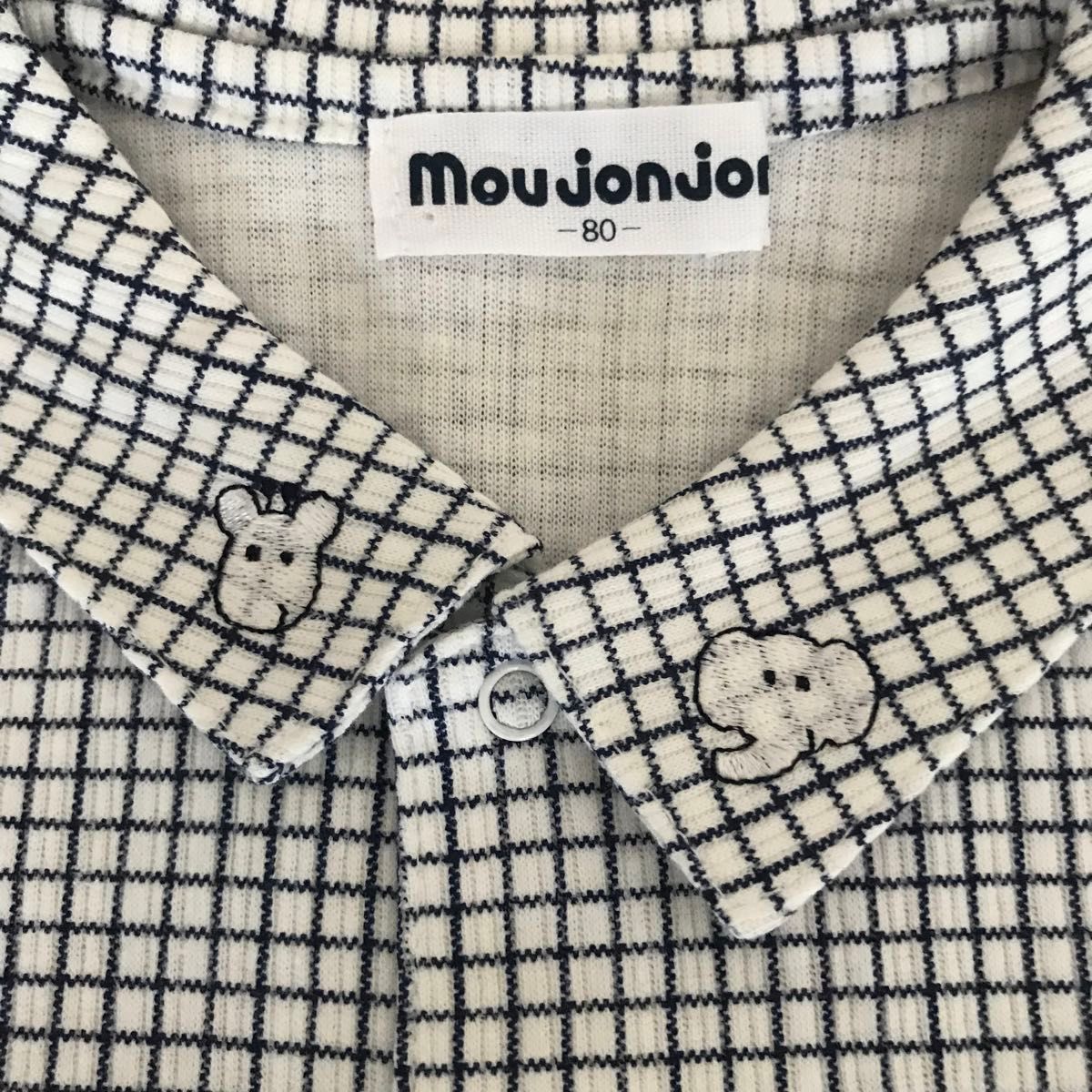 moujonjon ムージョンジョン　サイズ80　　半袖シャツブラウス　白×ネイビー チェック　日本製　襟元ゾウさん刺繍
