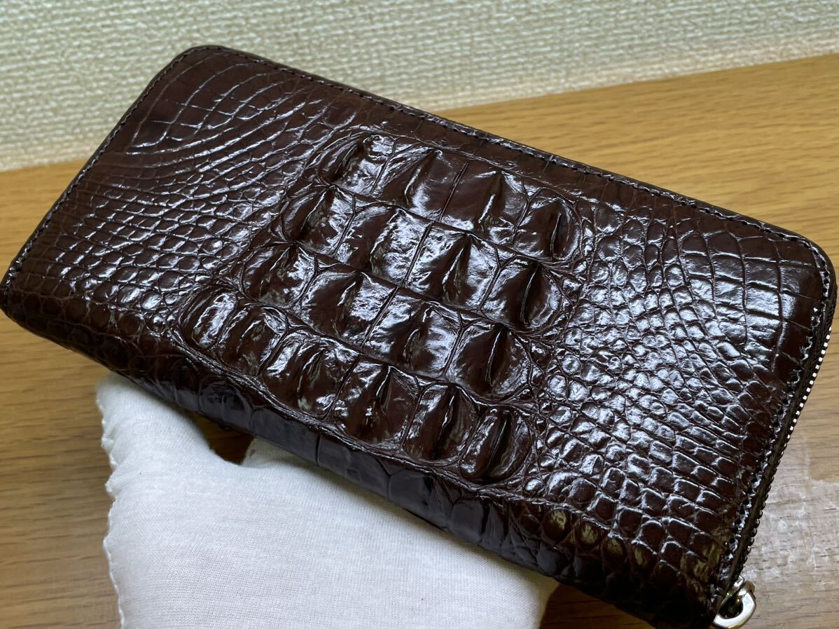 1 jpy car m. crocodile round fastener long wallet wani leather . leather genuine article purse valuable goods original leather men's purse one sheets leather the truth thing photograph for man tea color 