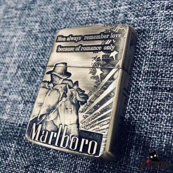 新品 Marlboro Zippoライター マールボロ ジッポー オイルライター AntiqueBrass 真鍮 ゴールド 未使用 喫煙グッズの画像1