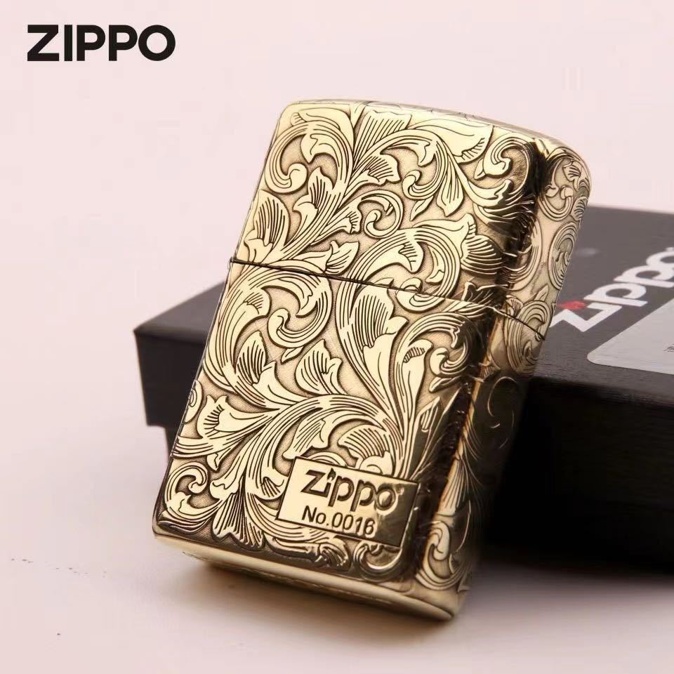 1円 未使用 ZIPPO 唐草彫刻 喫煙グッズ ジッポー 6面刻印 オイルライター 真鍮製 新品 ゴールド_画像1