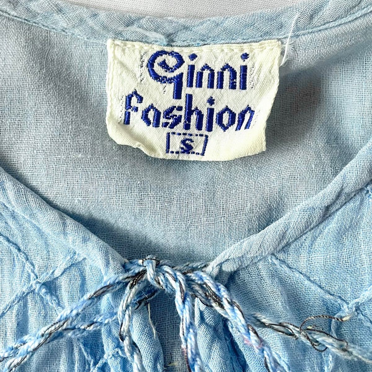 70s ginni fashion indian cotton onepiece ライトブルー シルバーラメ ストライプ インド綿 ワンピース