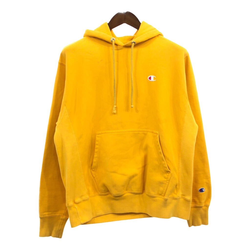 Champion チャンピオン REVERSE WEAVE リバースウィーブ スウェット パーカー ワンポイント イエロー (メンズ M) 中古 古着 Q4628_画像1