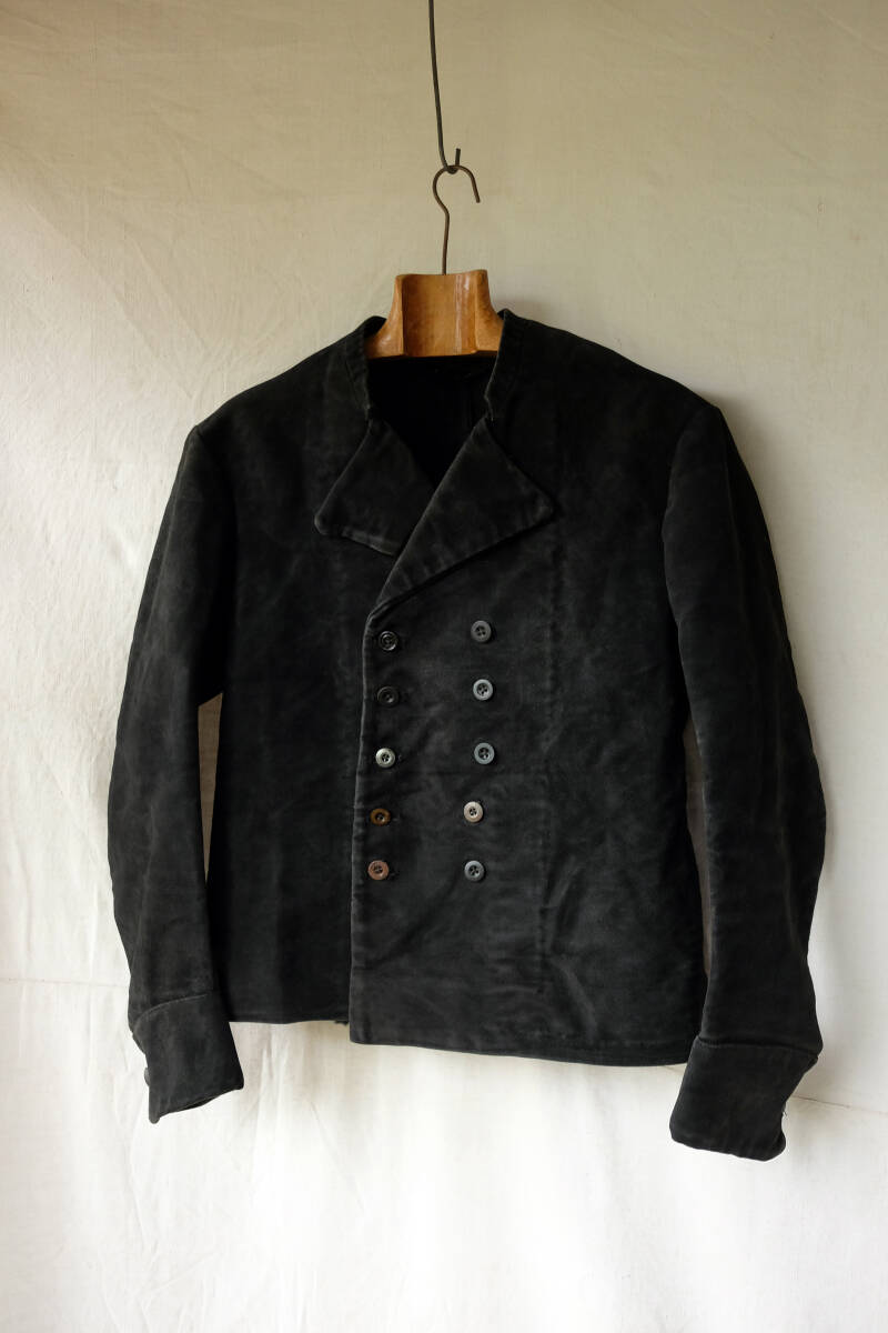 1900's ヴィンテージ オランダ製 ブラックモールスキンダブルブレストワークジャケット テーラードジャケット 10s 20s ベストの画像2