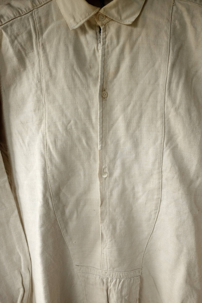 1900's フランス ヴィンテージ シャンブルリネンスモックシャツ アンティークリネン 10s 20s ワークジャケットの画像2