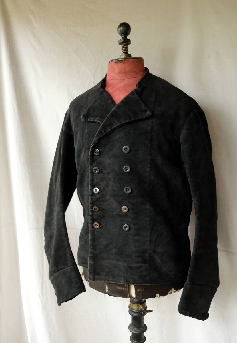 1900's ヴィンテージ オランダ製 ブラックモールスキンダブルブレストワークジャケット テーラードジャケット 10s 20s ベストの画像1