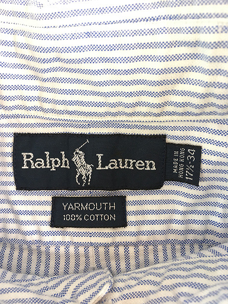古着 90s Ralph Lauren 「YARMOUTH」 白×青 ストライプ BD OXフォード シャツ 17 1/2 古着_画像6