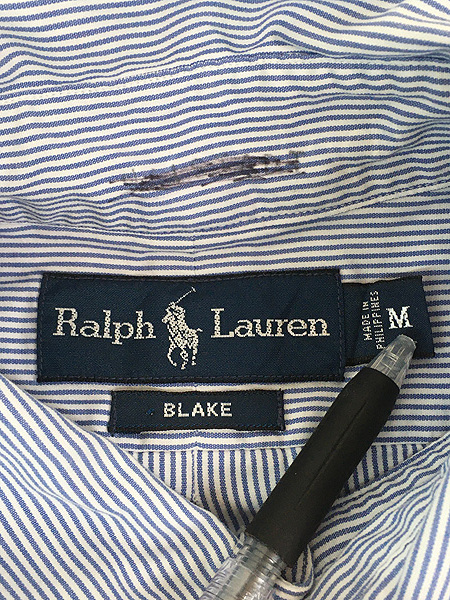 古着 90s Ralph Lauren 「BLAKE」 白×紺 ストライプ BD シャツ M 古着_画像6