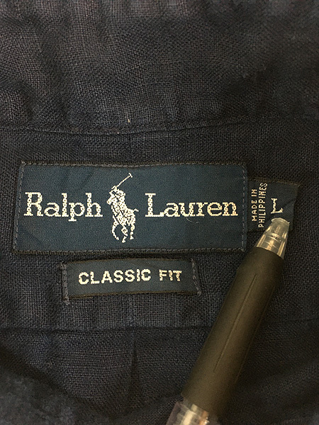 古着 90s Ralph Lauren 「CLASSIC FIT」 ワンポイント ソリッド 100% リネン 半袖 BD シャツ 紺 L 古着_画像6